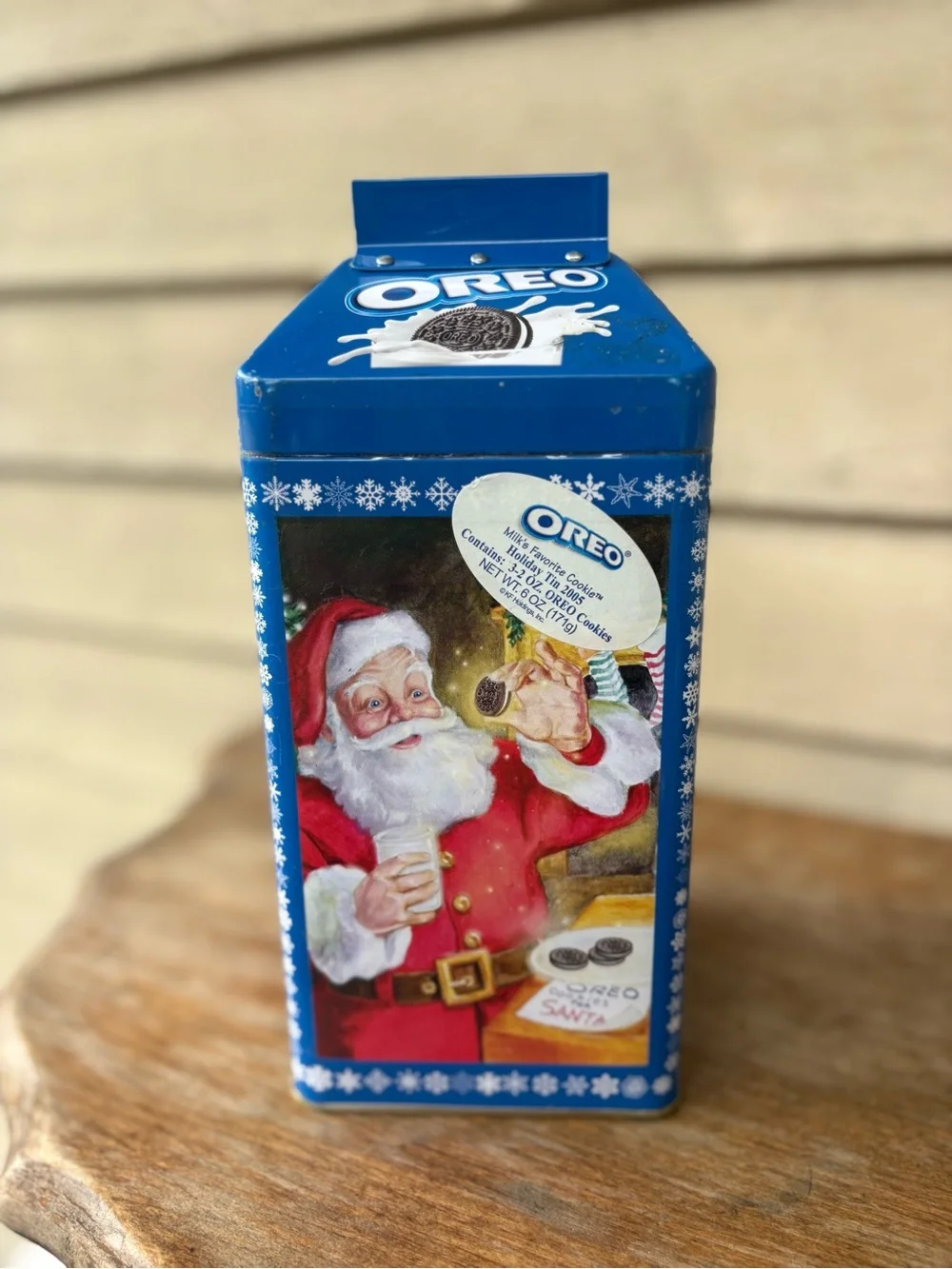 2005 collector's tin shaped like a milk carton, featuring Santa Claus